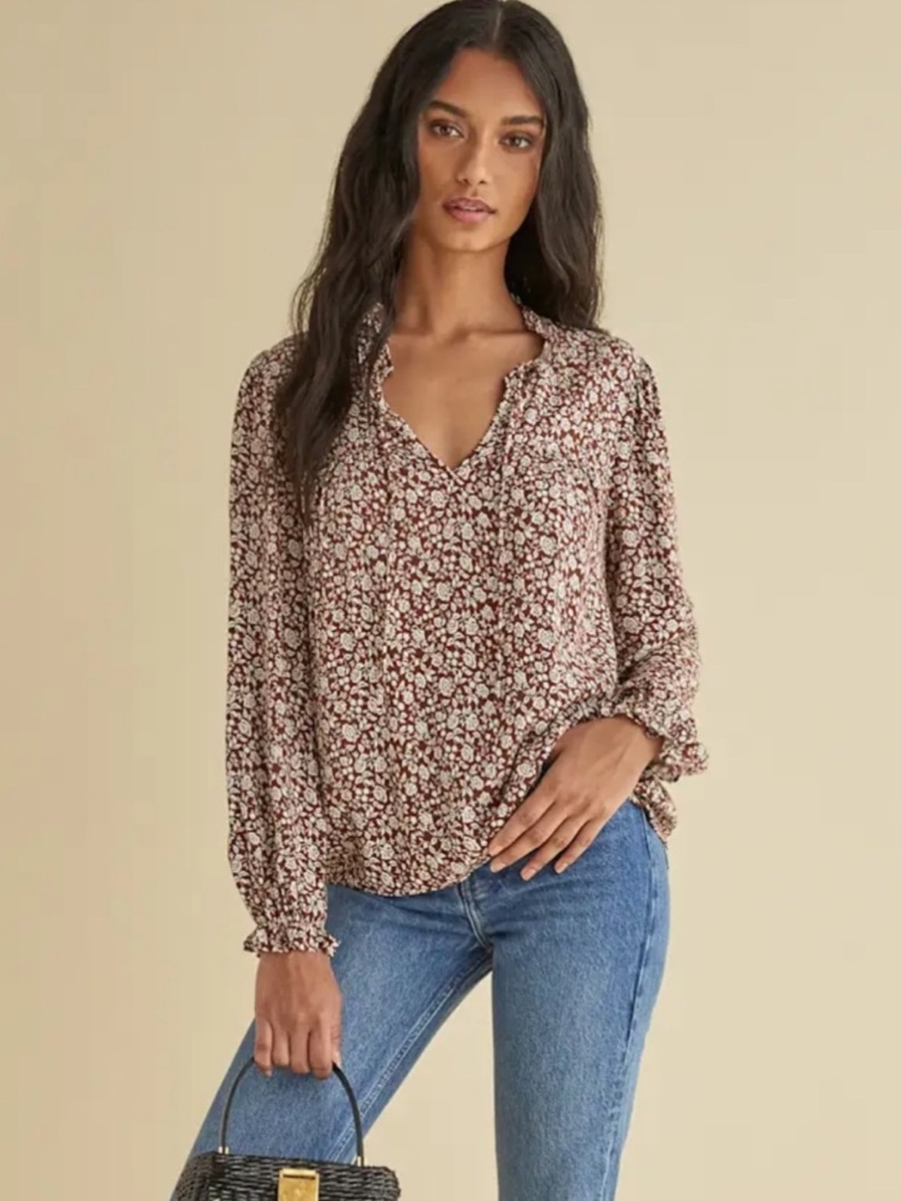 Reformation Amira Blouse Top Ruffles Floral Print Brown White Size XL